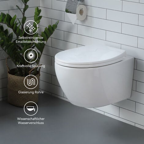 Hänge WC Kompakte Toilette aus Keramik mit Toilettendeckel mit Absenkautomatik - Toilettenschüssel mit Einloch-Superspin-Spülung - WC Weiß mit Nano Beschichtung für Gäste wc