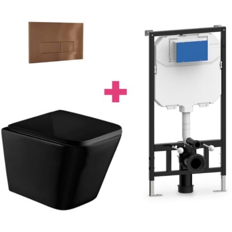 Hänge-WC PISA Komplett-Set schwarz mit rechteckiger kupferfarbender Drückerplatte