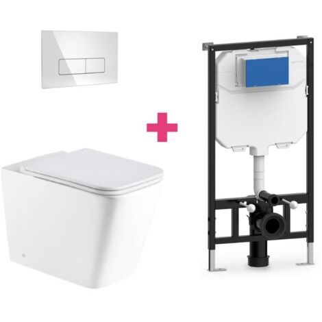 Hänge-WC PISA Komplett-Set weiß mit rechteckiger chromfarbender Drückerplatte