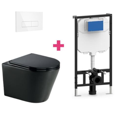 Hänge-WC TURIN Komplett-Set schwarz mit rechteckiger weißer Drückerplatte