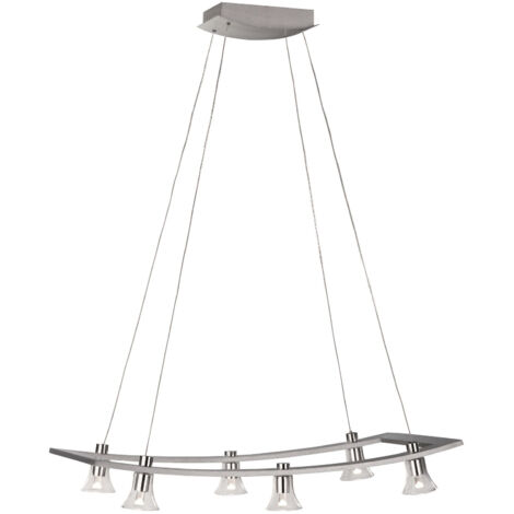 Hängelampe 6 flammig LED Esstischleuchte Pendellampe Wohnzimmerleuchte, Edelstahl gebürstet, Glas, 6x 5W 6x200lm warmweiß, LxH 71 x 160 cm, Massive 40596/48/10