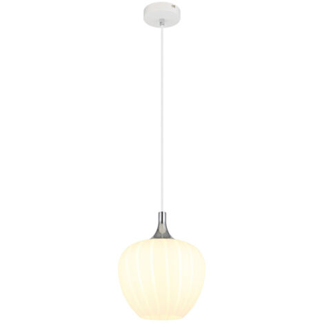 Hängelampe Esstischleuchte Pendellampe Glas Wohnzimmerlampe weiß gerillt, Metall weiß verchromt, 1x E27, DxH 24 x 120 cm