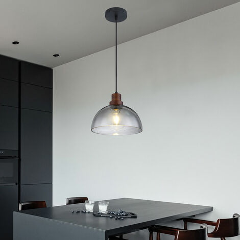 Hängelampe Holzlampe Glasschirm Pendelleuchte Hängeleuchte Wohnzimmerlampe, Metall Glas, schwarz braun, 1x E27, DxH 25x120 cm