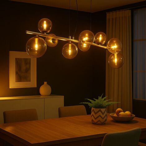 Hängelampe Pendelleuchte Esstischleuchte Kugellampe 9-flammig Glas, Amberfarben schwarz, 9x G9 LED 3W 80lm 3000K warmweiß, LxBxH 86,6x36x120 cm