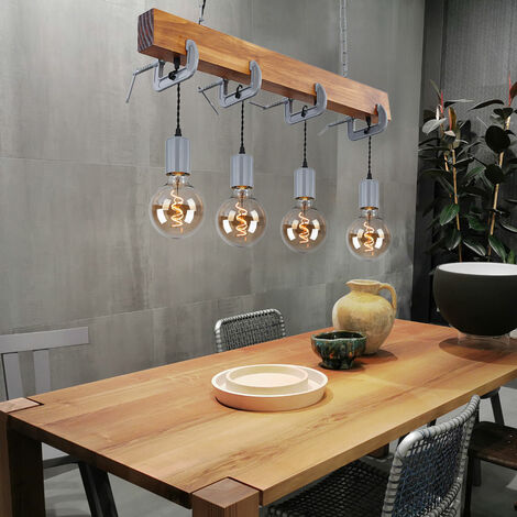 GLOBO Hängeleuchte Holz Esstisch Lampe Küche hängend Retro Deckenleuchte Vintage Pendelleuchte 4 flammig, Schraubzwinge Metall verzinkt, E27, LxH 85 x 120 cm
