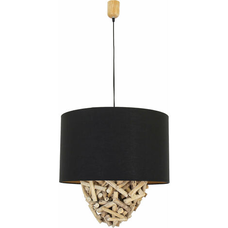 Hängeleuchte Schwarz Natur E27 Stoff Treibholz Modern Pendelleuchte