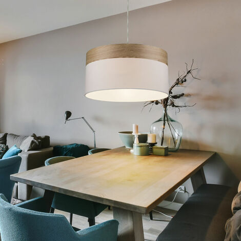 Hängeleuchte Wohnzimmer Pendelleuchte Esstischlampe LED Küchenleuchte Holzlampe, Textil weiß, 11W 1055lm warmweiß, DxH 40x120 cm