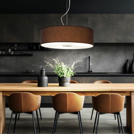 ETC-SHOP Hängeleuchte Wohnzimmerlampe hängend rund 1 flammig Pendelleuchte Stoffschirm Modern, Stahl gebürstet, Glas satiniert, 1x E27, DxH 45x175 cm