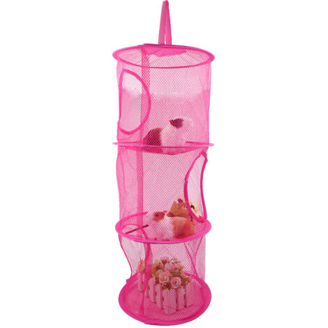 Hängende Aufbewahrungskörbe aus Netzgewebe – 3 Fächer – Organizer für Unterwäsche und Spielzeug – Faltbar – Nylon – Rosarot – 27 x 75 cm