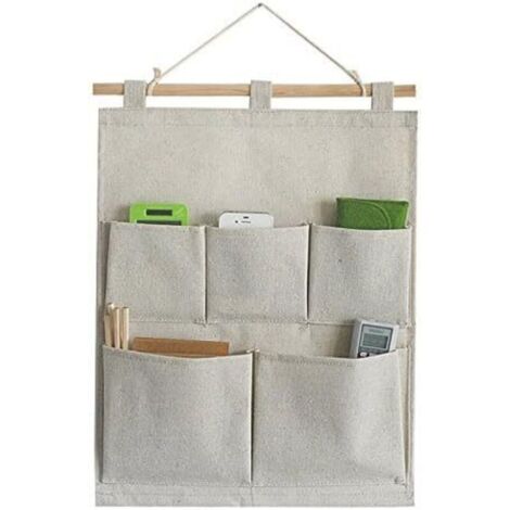 Hängender Aufbewahrungstaschen-Organizer aus Leinen/Baumwollgewebe mit 5 Wandtaschen, 13,8 cm B x 17,7 cm H (5 Taschen - beige/weiß)