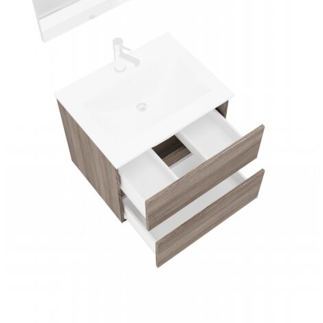 Hängender Badezimmerschrank 60 cm aus geräuchertem Eichenholz mit Waschbecken und Spiegel – Empoli - mit spiegel und LED Lampe