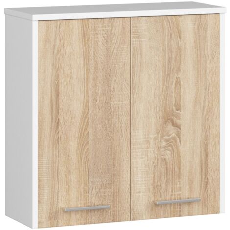 Hängender Badezimmerschrank AKORD FIN Weiß 60 cm 2 Türen 2 Ebenen Front Sonoma-Eiche B60 x H60 x T22,5 cm