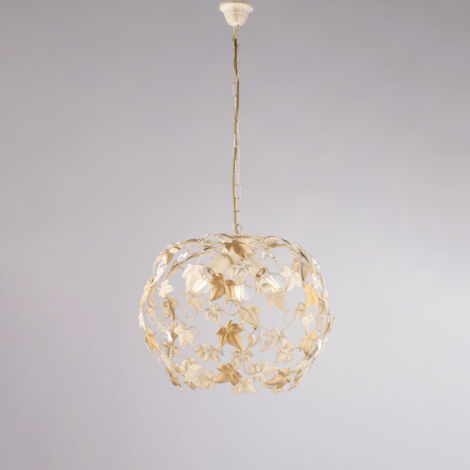 Hängender Kronleuchter aus Eisen Elfenbein Gold und Strasssteinen drei Lichter 50x h45 cm Efeu