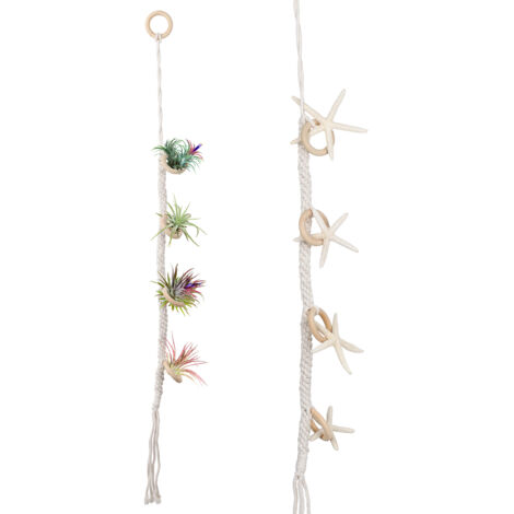 [Hängender Pflanzenhalter] Luftpflanzenstütze mit handgewebter Baumwollquaste, 4 Holzringen, 90 cm, weiß