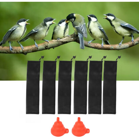 Hängender Socken-Vogelfutterspender mit Trichter – Netzfutterspender für Distelsamen – Set mit 6 großen Futterspendern und 2 Trichtern – Material: Nylon und Silikon, geeignet für Garten und Außenberei