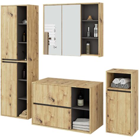 Hängendes Badezimmermöbel-Set VAMI in Artisan Eiche mit Innen in Graphitgrau mit Ausschnitten für Aufsatzwaschbecken