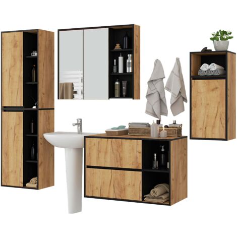 Hängendes Badezimmermöbel-Set VAMI in Craft Eiche mit Innen in Schwarz