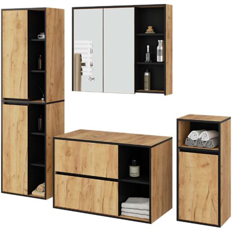 Hängendes Badezimmermöbel-Set VAMI in Craft Eiche mit Innen in Schwarz mit Ausschnitten für Aufsatzwaschbecken