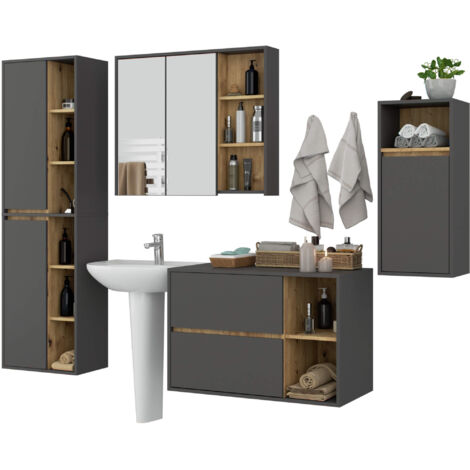 Hängendes Badezimmermöbel-Set VAMI in Graphitgrau mit Innen in Artisan Eiche