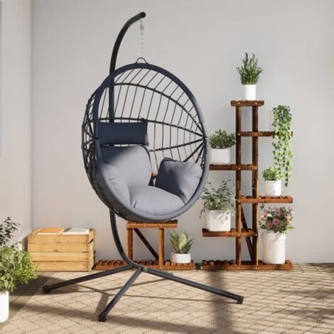 Hängesessel Ei-Form mit grauem Ständer aus Rattan und Stahl