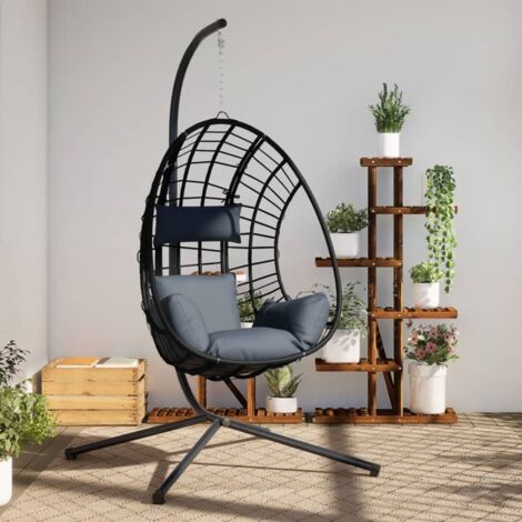 Hängesessel Ei mit anthrazitfarbenem Gestell aus Rattan und Stahl
