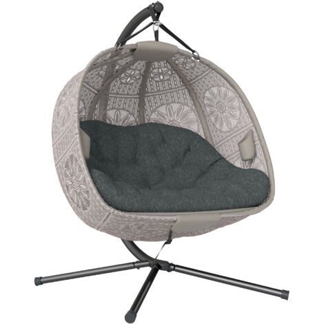 Hängesessel mit Gestell, Eiförmiger Hängeschaukel mit abnehmbarem waschbarem Kissen, Hängematte für 2 Personen, Schaukelsessel Indoor Outdoor, Sand+Schwarz