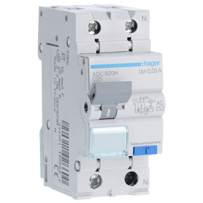 Magnétothermique Différentiel Hager 1P+N 20A 6kA 30mA courbe c type ac 2M ADC920H