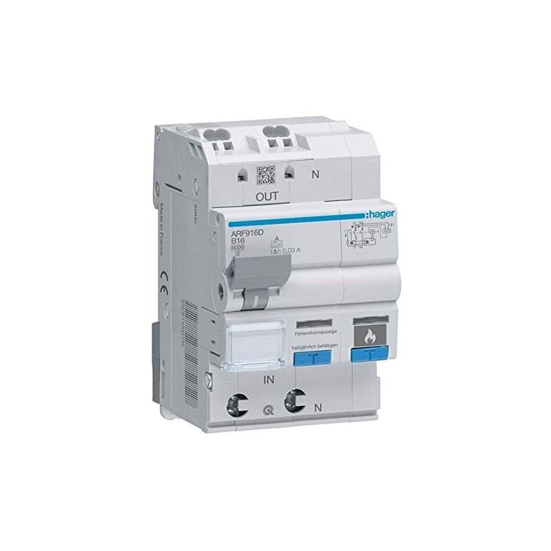 Hager - 3250611034766 ARF916D 1P+N 6KA B-16A 30 ma combinaison d'interrupteur/disjoncteur différentiel avec dispositif supplémenta