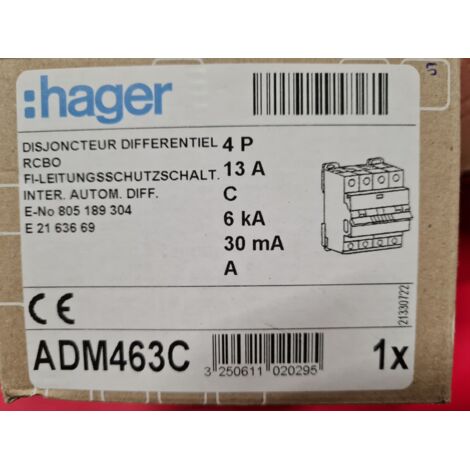 HAGER ADM463C  4P  C 13A 30mA-A  6kA-  Type A  Disjoncteur Différentiel