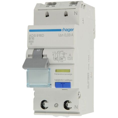 HAGER ADS916D FI-LEISTUNGSSCHUTZSCHALTER 1P+N 6KA B-16A 30MA TYP A QC