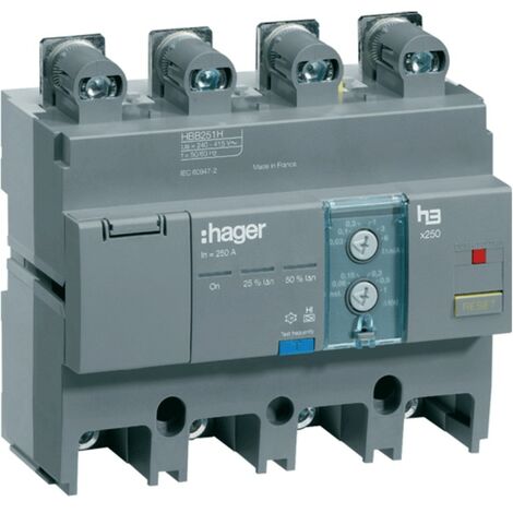 Hager – Bloc différentiel 4P 250A réglable 30mA Type A HI – Tension 220/415VAC – Protection haute immunité – HBB251H