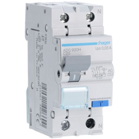 Hager – Disjoncteur différentiel 20A 6kA 30mA courbe C type AC – 1P+N 2 modules – Protection contre surcharges et courts-circuits – ADC920H