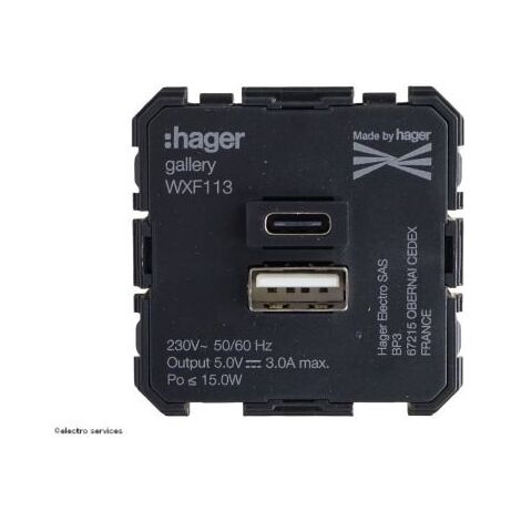 Hager – Chargeur double USB A+C 3000mA à encastrer – Tension 200-250V – Pour usage intérieur – Compatible support Gallery