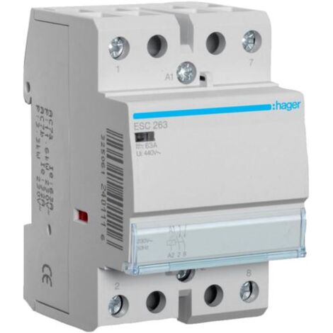 Hager – Contacteur 63A 2 contacts à fermeture 230V – Dispositif silencieux pour chauffage et éclairage – Charge max 8000W - ESC263