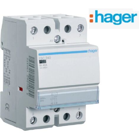 Hager – Contacteur pour tableau électrique 40A 230V – 2F – Endurance 1 000 000 manœuvres – Montage sur rail DIN – Compatible câbles 1 à 10 mm² - ESC240