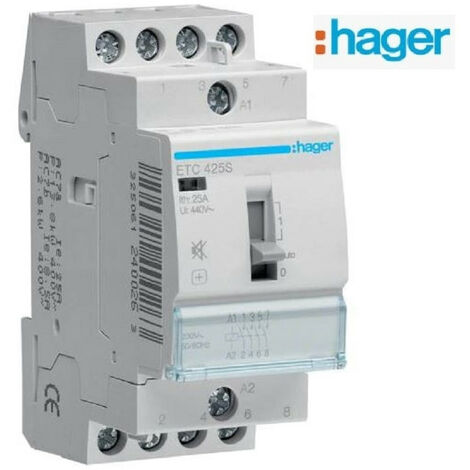 Hager – Contacteur pour tableau électrique 25A – Tétrapolaire 4F – Tension 230V – Silencieux pour chauffe-eau jour/nuit - ETC425S
