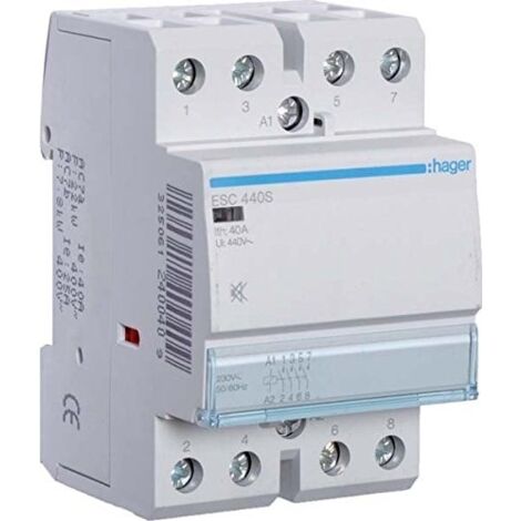 Hager – Contacteur silencieux 40A 4NO 230V – Pour systèmes électriques – Capacité de 6000W – Conception compacte pour installations professionnelles - ESC440S