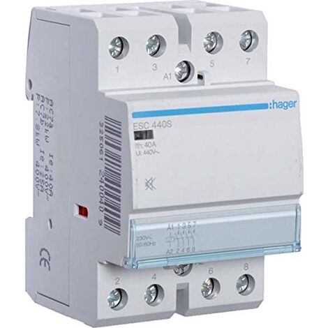 Hager – Contacteur silencieux 40A 4NO 230V – Pour systèmes électriques – Capacité de 6000W – Conception compacte pour installations professionnelles - ESC440S