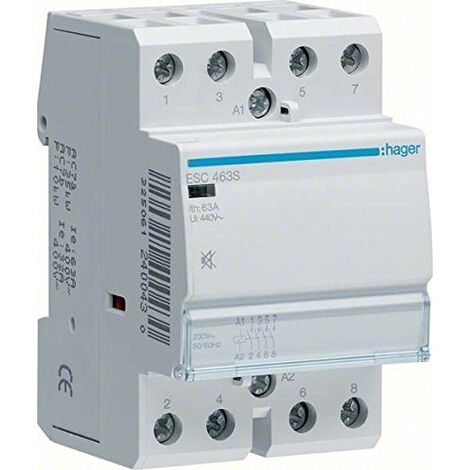 Hager – Contacteur silencieux 63A 4F 400V – Protection contre surcharges et courts-circuits – Design compact pour tableaux électriques - ESC463S