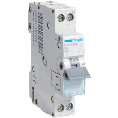 Hager – Disjoncteur bipolaire 6A courbe C – Protection circuits 4,5 kA – Tropicalisé pour environnements variés – MJN506A