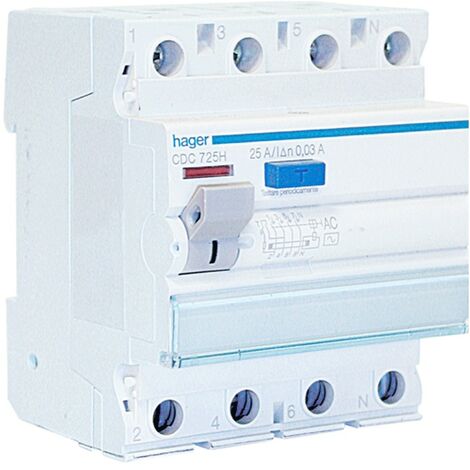 Hager – Disjoncteur différentiel 4P 25A 30mA AC – Protection des personnes – Tension 230/400Vac – 4 modules – CDC725H