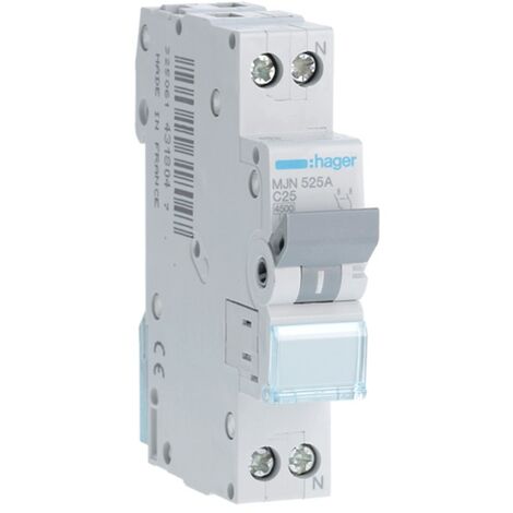 Hager – Disjoncteur unipolaire 25A courbe C – Protection circuits électriques tropicalisée – 4,5kA – 1 module – MJN525A