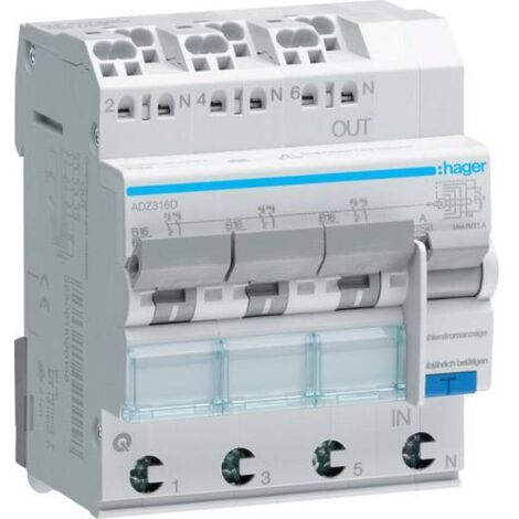 HAGER FI/LS COMMUTATEUR 3 X 1P + N 6 KA ADZ316D