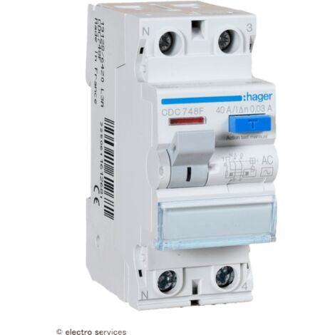 Hager – Interrupteur différentiel 2P 40A 30mA AC – Protection contre les fuites de courant – Installation rail DIN – Norme NFC 15-100