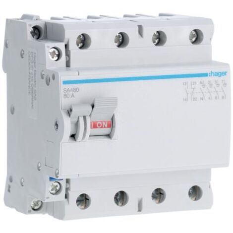 Hager – Interrupteur différentiel 4 Pôles 80A – Tension 230/415V – Connexion cage à vis – Courbe de déclenchement rapide – IP20 - SA480