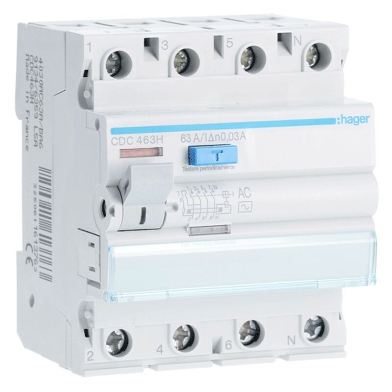 Interrupteur différentiel 4P 63A 30MA ac 4 modules CDC463H - Hager
