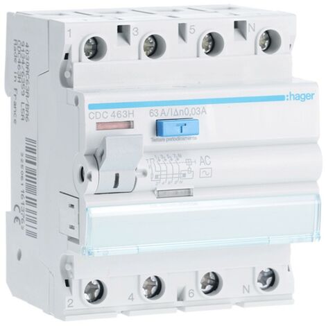 Hager – Interrupteur différentiel 4P 63A 30mA AC – Protection des personnes – Tension 230/400Vac – 4 modules – CDC463H