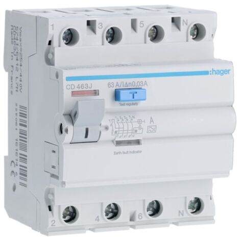 Hager – Interrupteur différentiel 4P 63A 30mA – Type A – Auxiliarisable – Entrée haute / Sortie basse – Protection circuits spécialisés