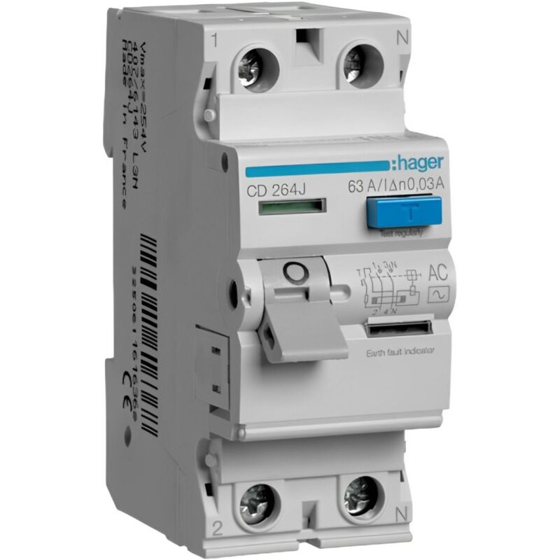Hager - Cd264j Interrupteur Différentiel 63a 30ma Bipolaire Type Ac - Bornes Alignées