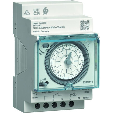 Hager – Interrupteur horaire électromécanique 1 voie 24h avec réserve – Intensité 16A – Tension 230V – Programmation quotidienne – Modèle modulaire - EHN111